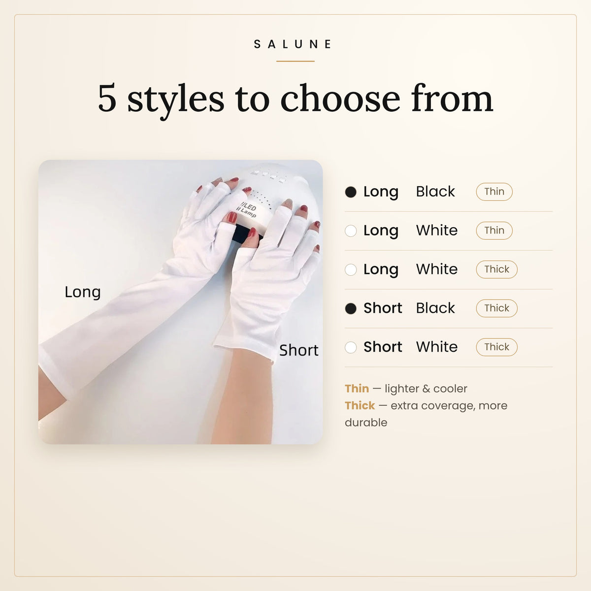 UV manicure gloves in 5 styles, black and white, short and long