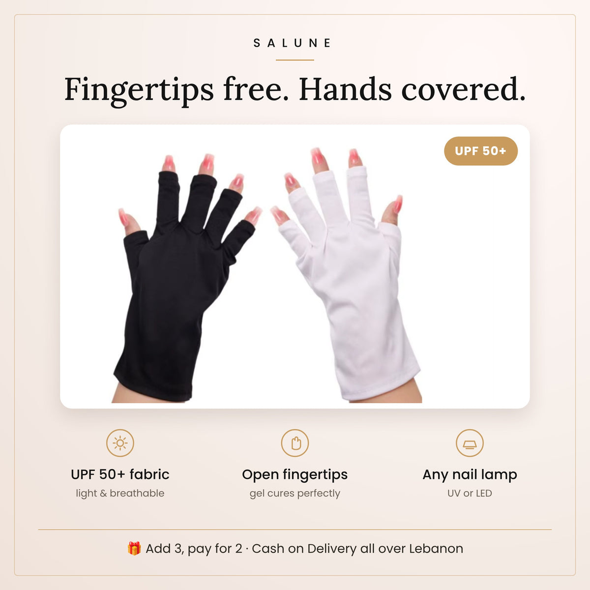 UPF 50+ UV manicure gloves in black and white with open fingertips