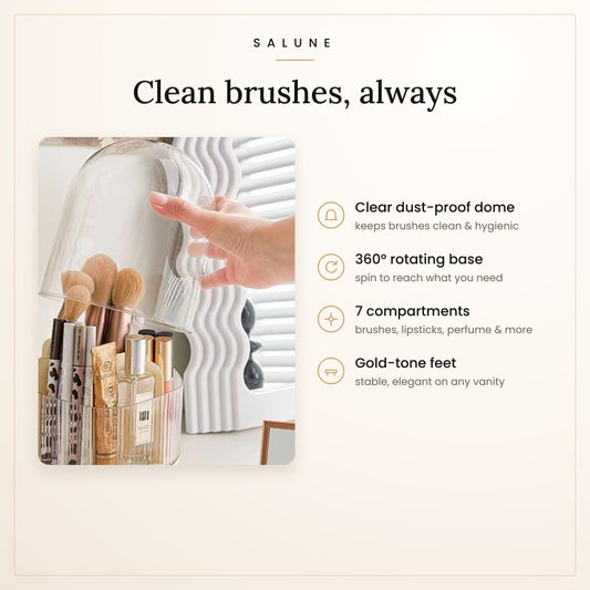 Brush holder features: dust-proof dome, 360 rotating base, 7 compartments, gold feet