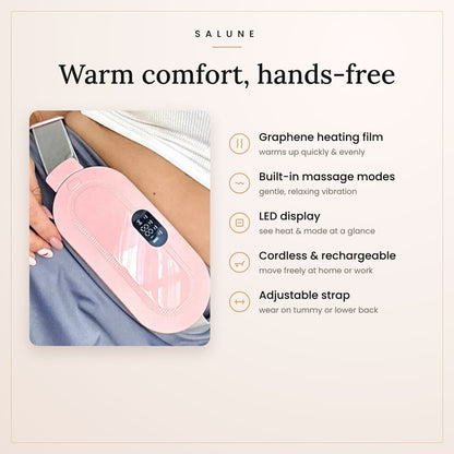 Salune heating belt features: graphene heating, massage modes, LED display, cordless