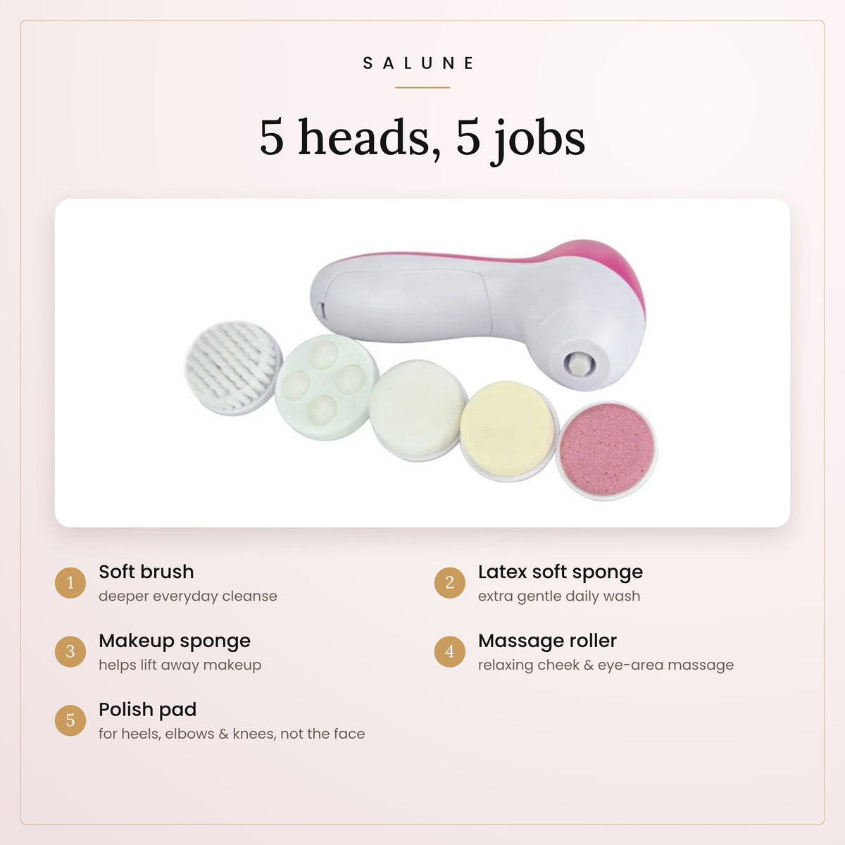 Pink facial cleansing brush with 5 interchangeable heads