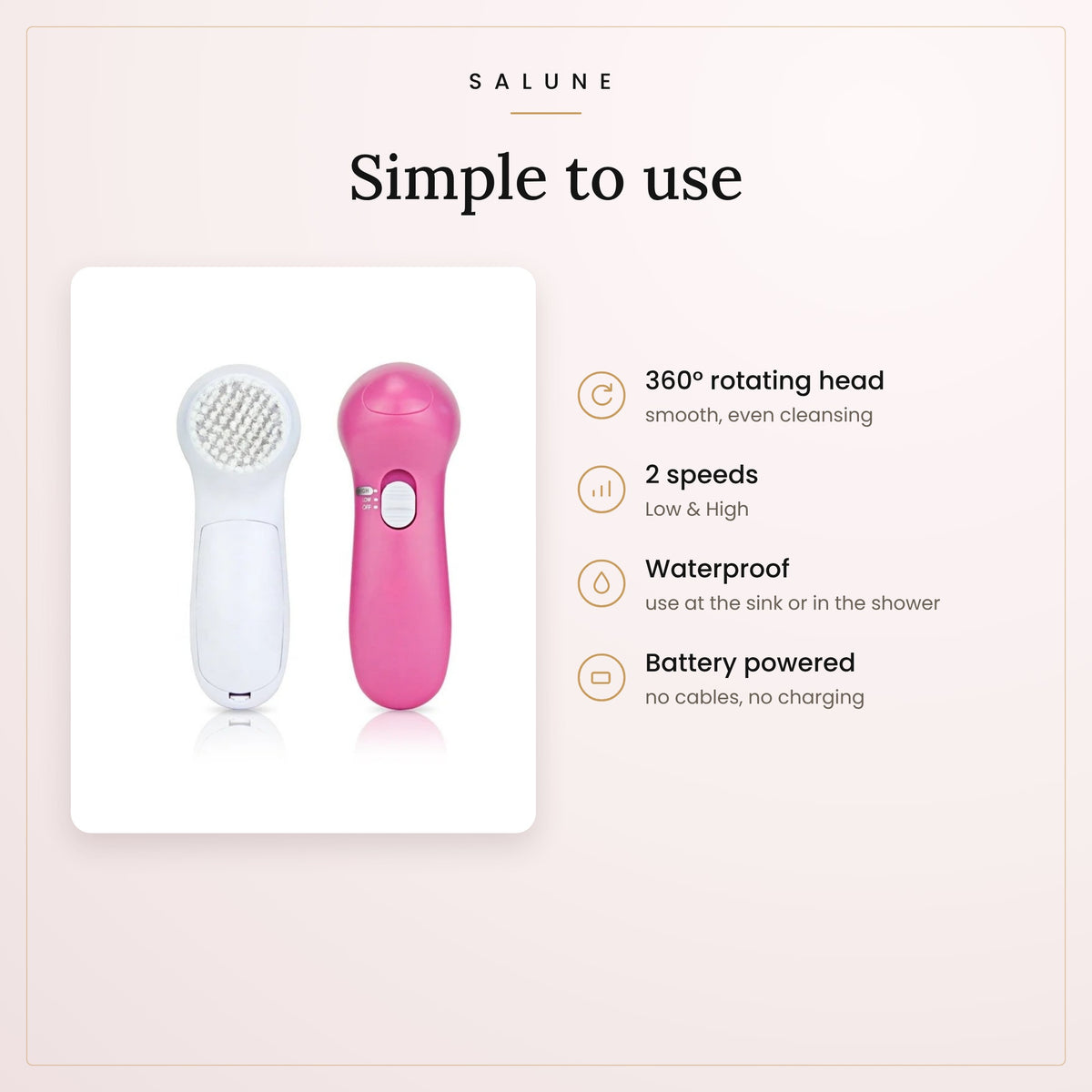 Facial cleansing brush details: 360 rotation, 2 speeds, waterproof