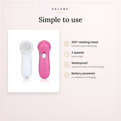 Facial cleansing brush details: 360 rotation, 2 speeds, waterproof