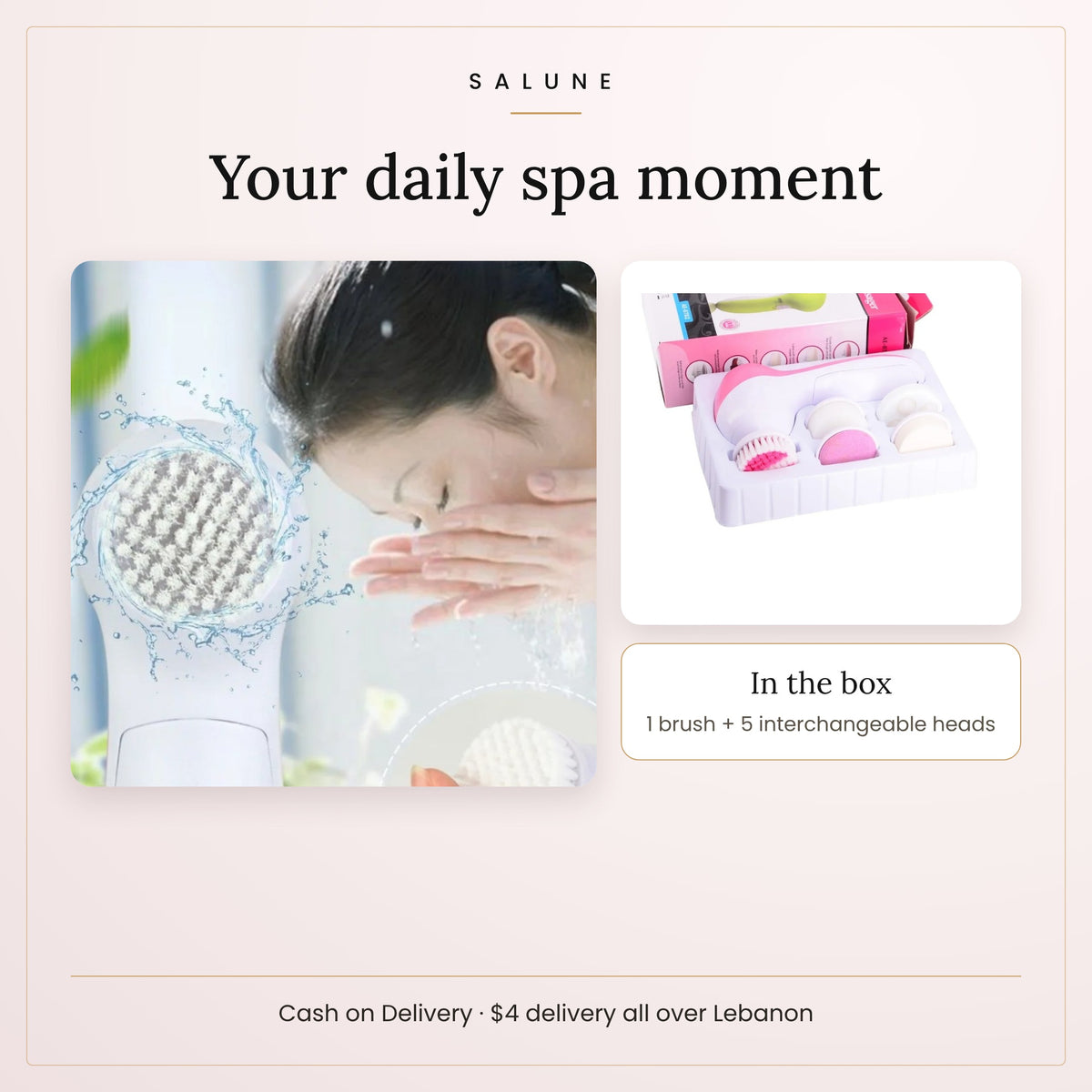 Using the pink facial cleansing brush, 1 brush and 5 heads in the box