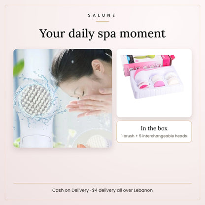Using the pink facial cleansing brush, 1 brush and 5 heads in the box