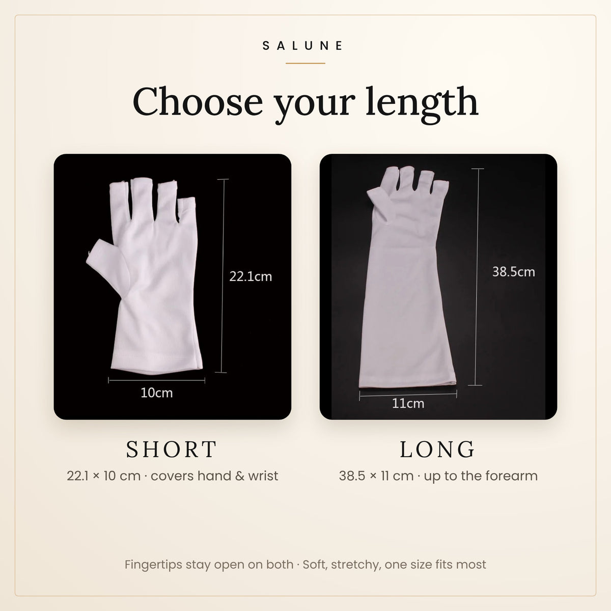UV manicure gloves size guide: short 22.1 cm and long 38.5 cm