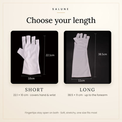 UV manicure gloves size guide: short 22.1 cm and long 38.5 cm