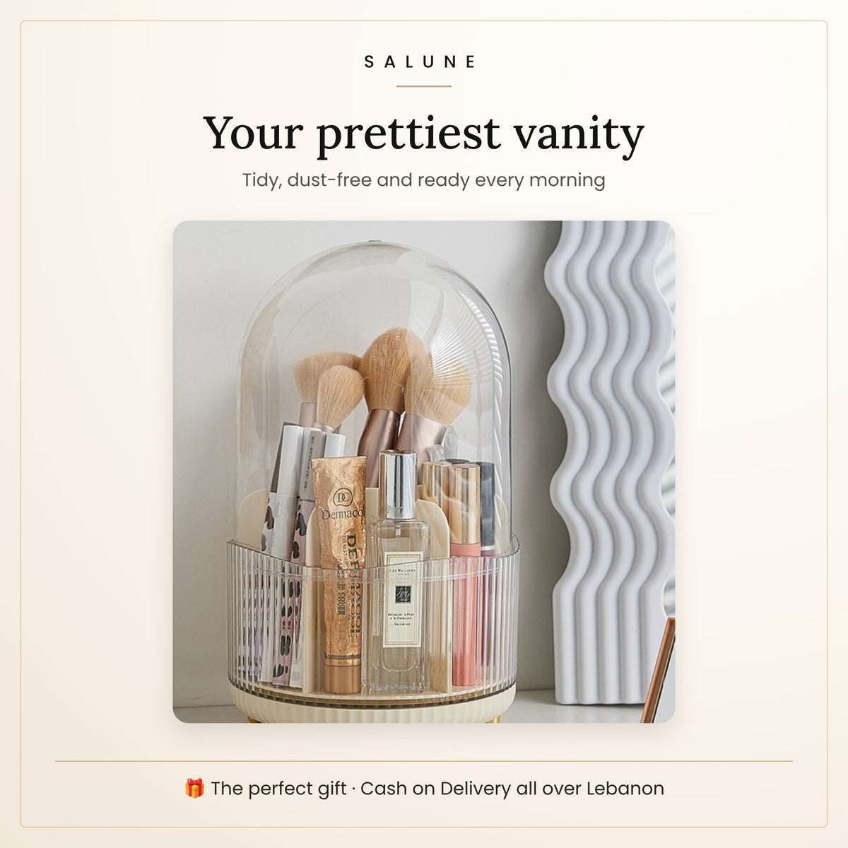 Covered brush holder on a vanity filled with makeup