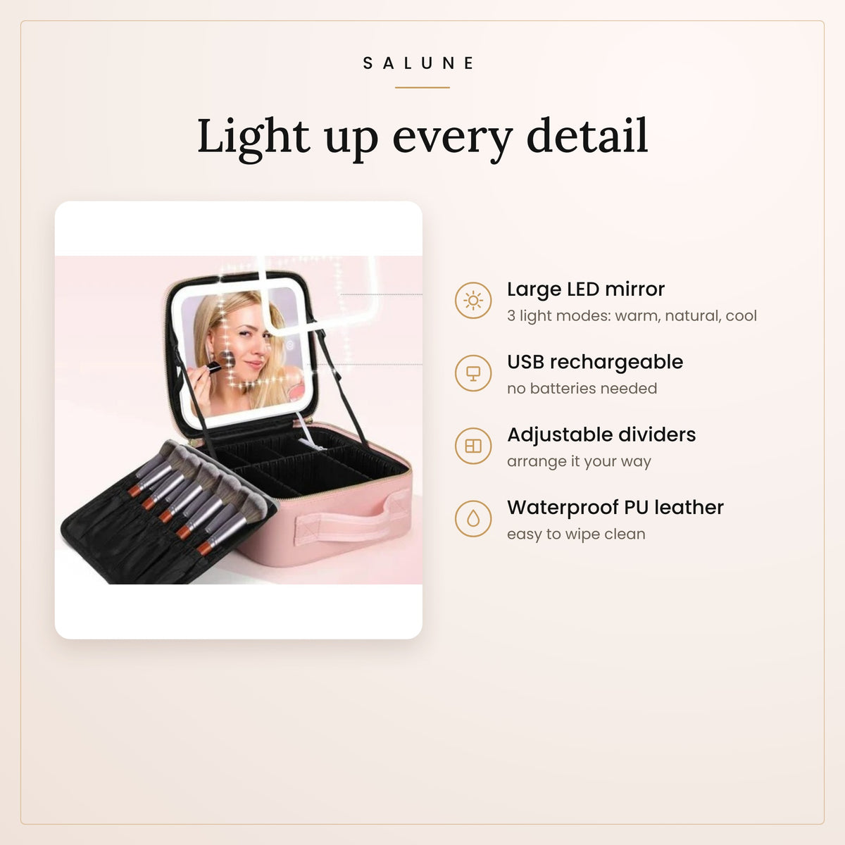 LED makeup bag features: 3 light modes, USB charging, dividers, waterproof