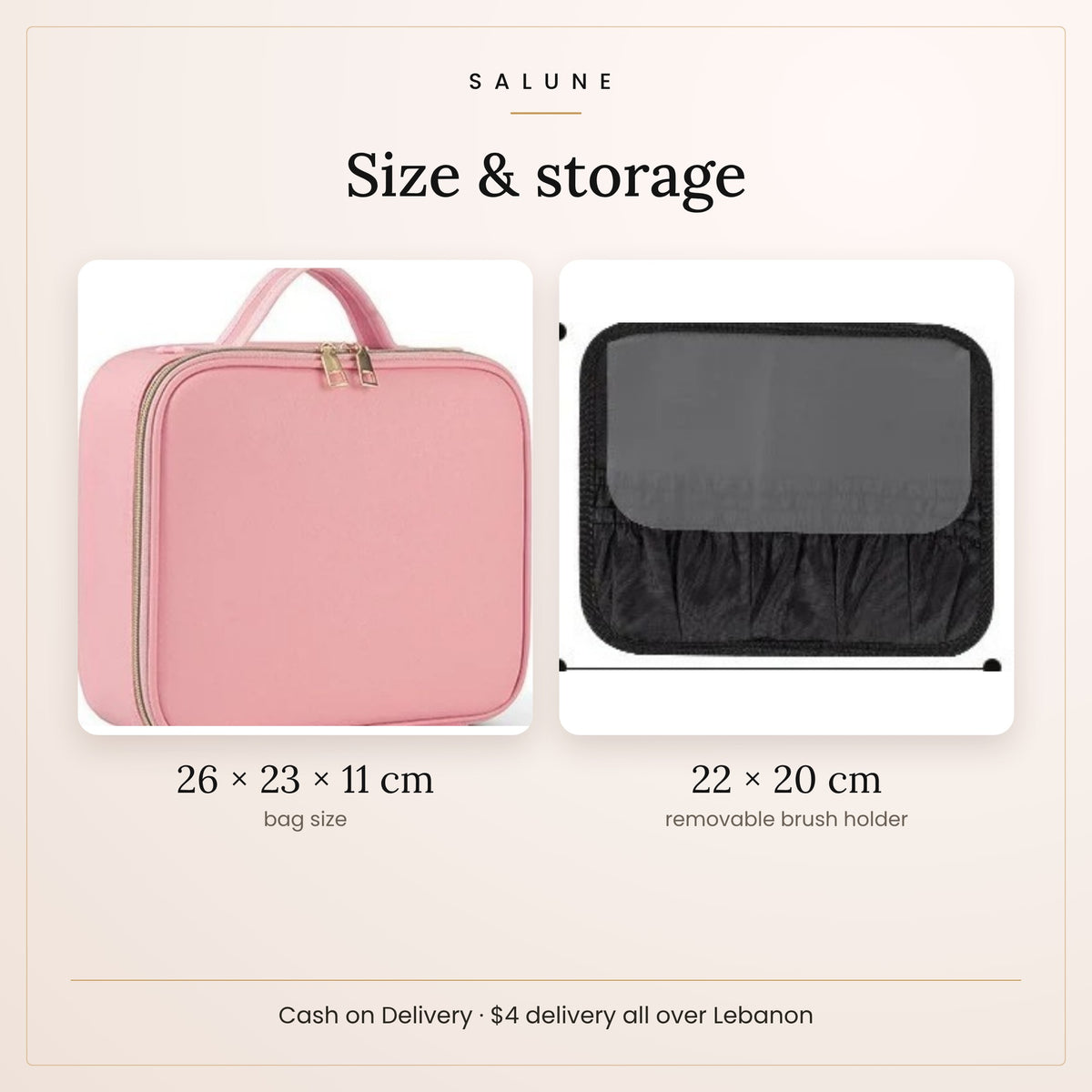 LED makeup bag size 26 x 23 x 11 cm with removable brush holder
