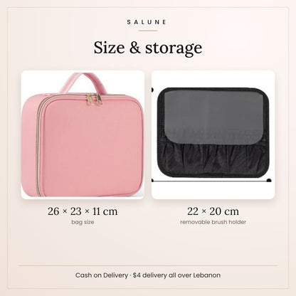 LED makeup bag size 26 x 23 x 11 cm with removable brush holder