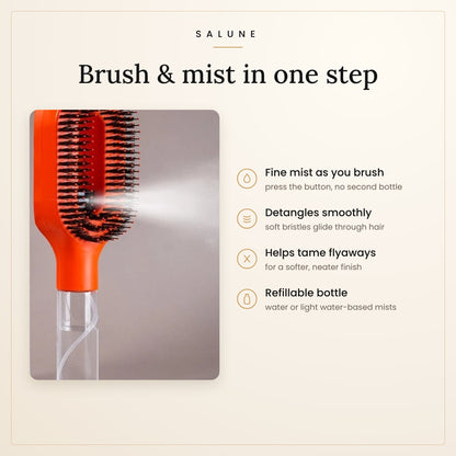 Spraying mist while brushing hair with the 2-in-1 brush