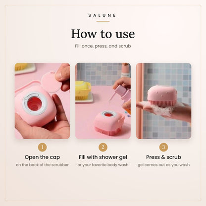 How to use the silicone body scrubber: open, fill with gel, scrub