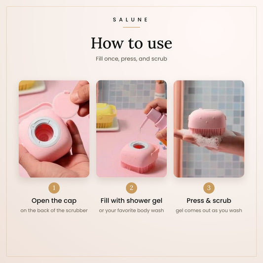 How to use the silicone body scrubber: open, fill with gel, scrub