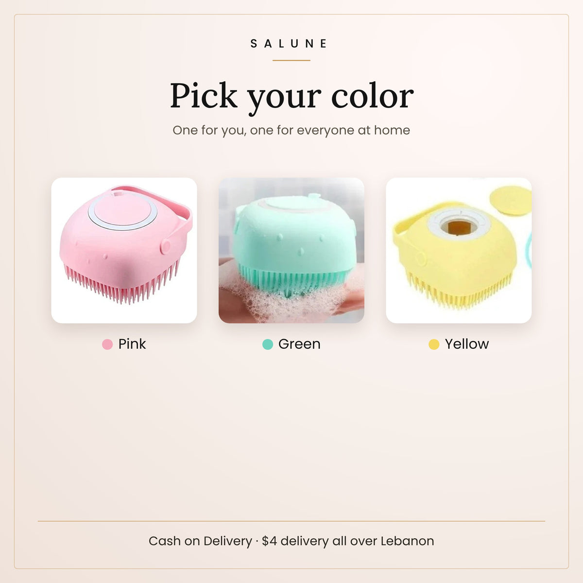 Silicone body scrubber in pink, green and yellow