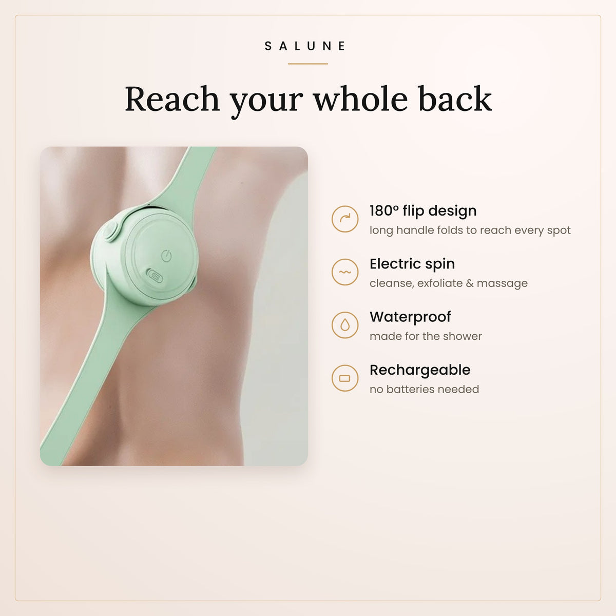 Electric shower brush reaching the whole back with the flip handle